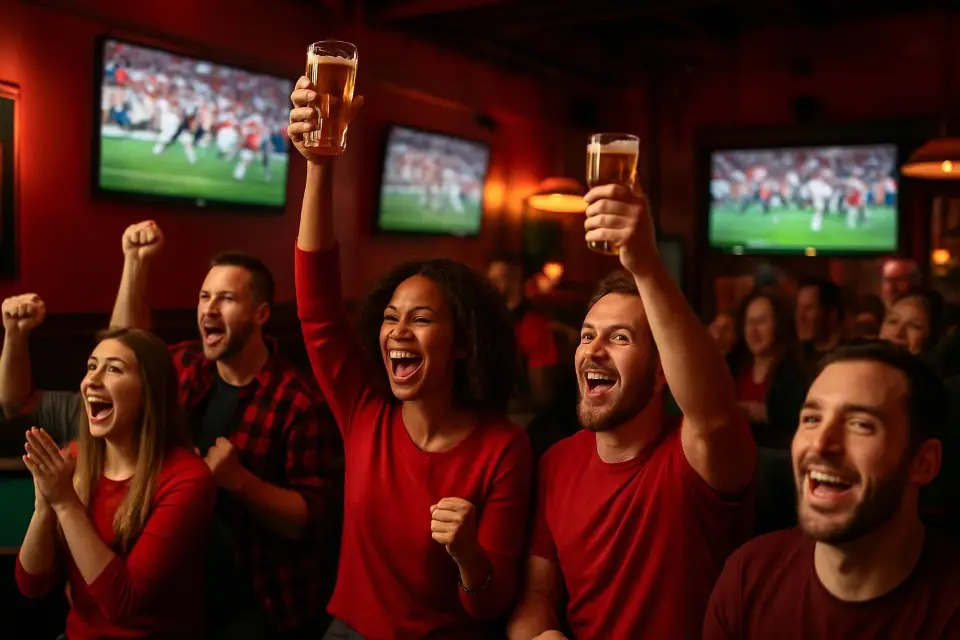 Crowd of fans cheering at a live game night inside Wizards Sports Cafe