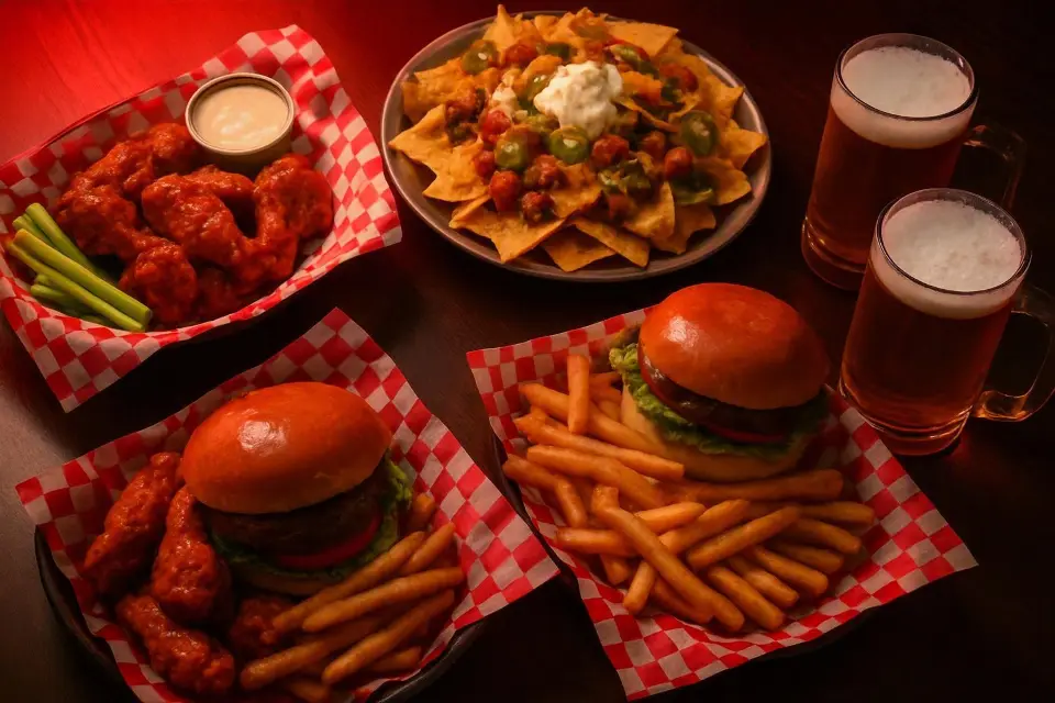 Spread of wings, burgers and drafts on a bar counter at Wizards Sports Cafe