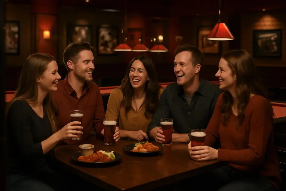 A group of friends celebrating a private party around a pool table at Wizards Sports Cafe, with drinks in hand and sports screens glowing behind them